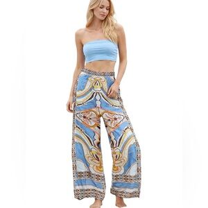 NEW Rachel Zoe Boho Palazzo Pants L Retro Abstract Flowy Cruise Resort Spring